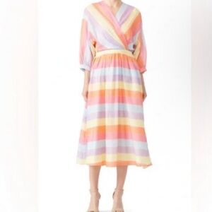 Tara Jarmon Pink and Yellow Wrap Midi Dress with Bishop Sleeves